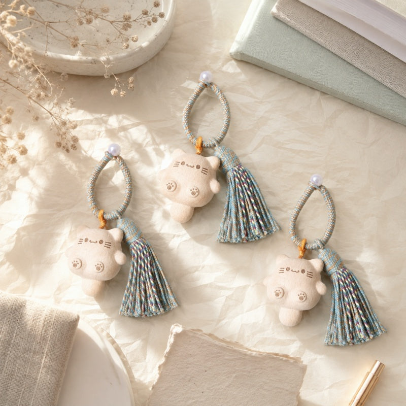 CouldNook Fake Wooden Cat Keychain - Boho Tassel Pendant