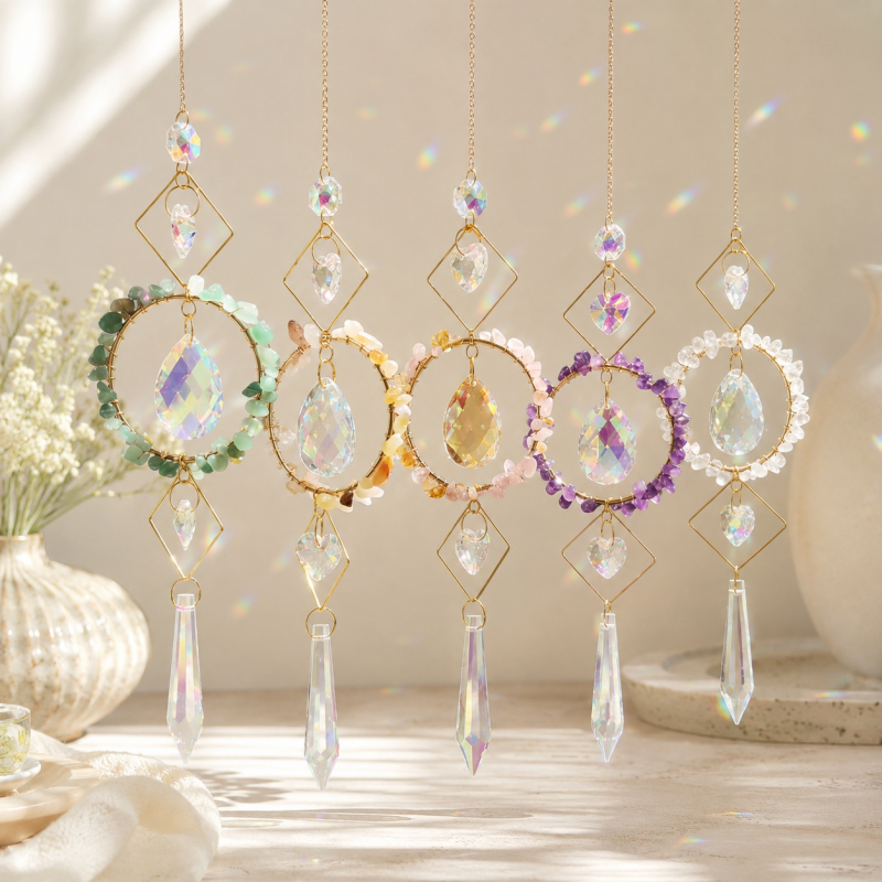 CouldNook Stone Ring Suncatcher Ornament - Geometric Crystal Drops