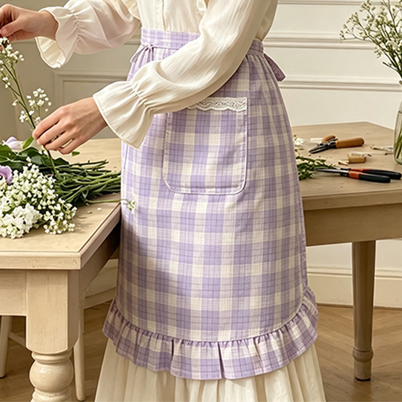 CouldNook Gingham Waist Apron - Curved Picnic Ruffle Accent