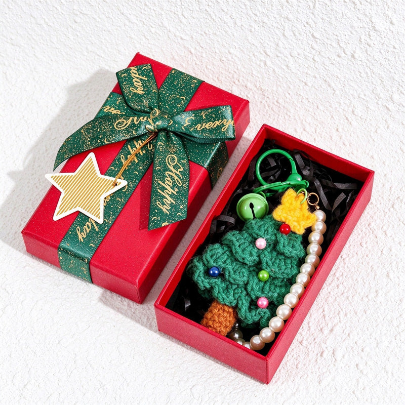 Crochet Christmas Tree Keychain with Pearl-Look Bead Loop