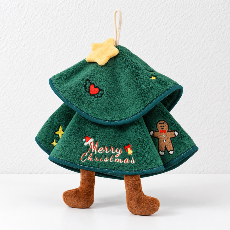Christmas Tree Hand Towel with Dangling Boot Details