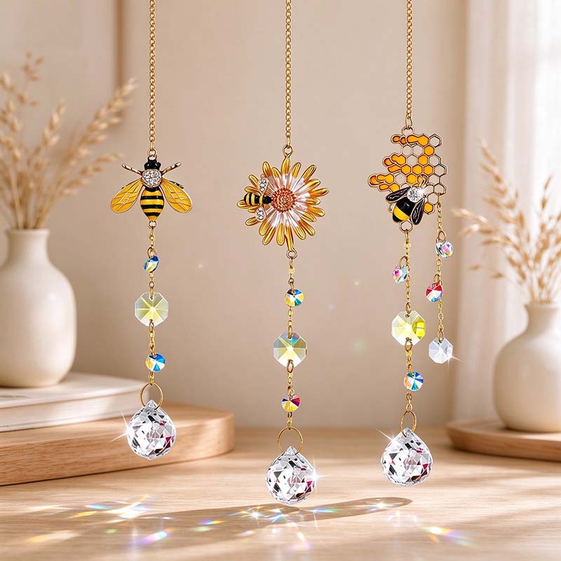 CouldNook Bee Motif Suncatcher - Floral Details And Faceted Pendant Strand
