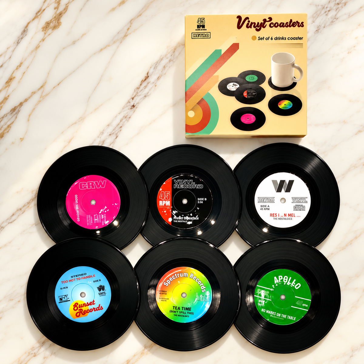 Vinyl Record Coasters in Six Piece Boxed Set