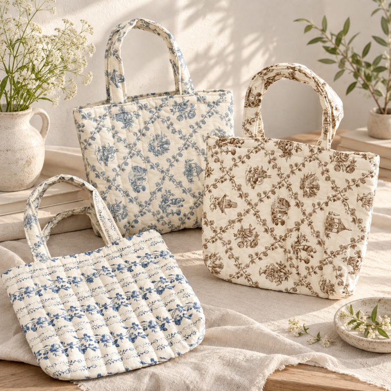 CouldNook Floral Cotton Handbag - Quilted Stitching And Short Fabric Handles