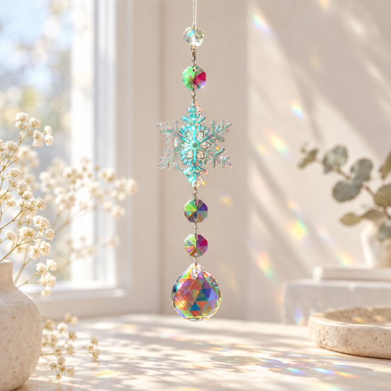 CouldNook Snowflake Suncatcher - Iridescent Facets and Shaped Glass Pendant Ends