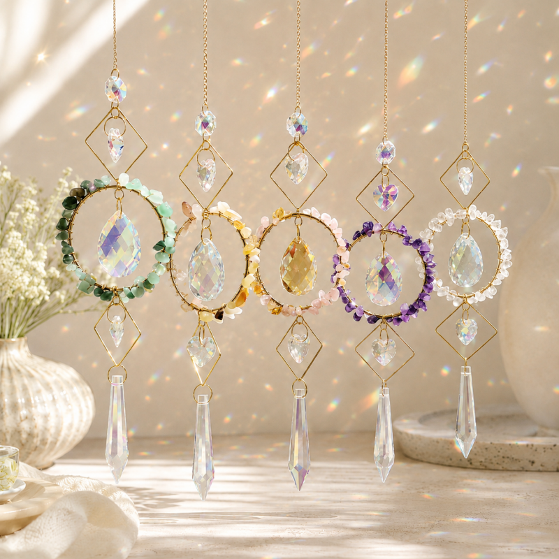 CouldNook Stone Ring Suncatcher Ornament - Geometric Crystal Drops