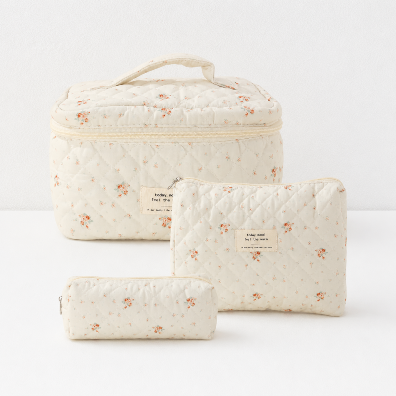CouldNook Three Piece Quilted Cosmetic Bag Set - Floral Travel Organizers