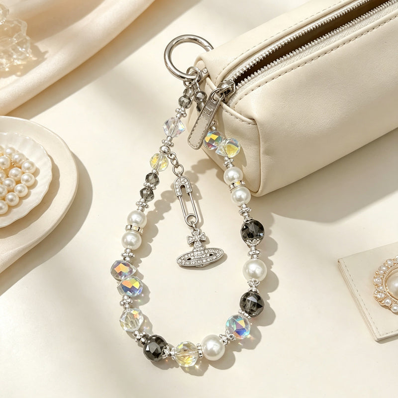 CloudNook Saturn Charm Phone Strap‑Crystal Pearl Wrist Lanyard