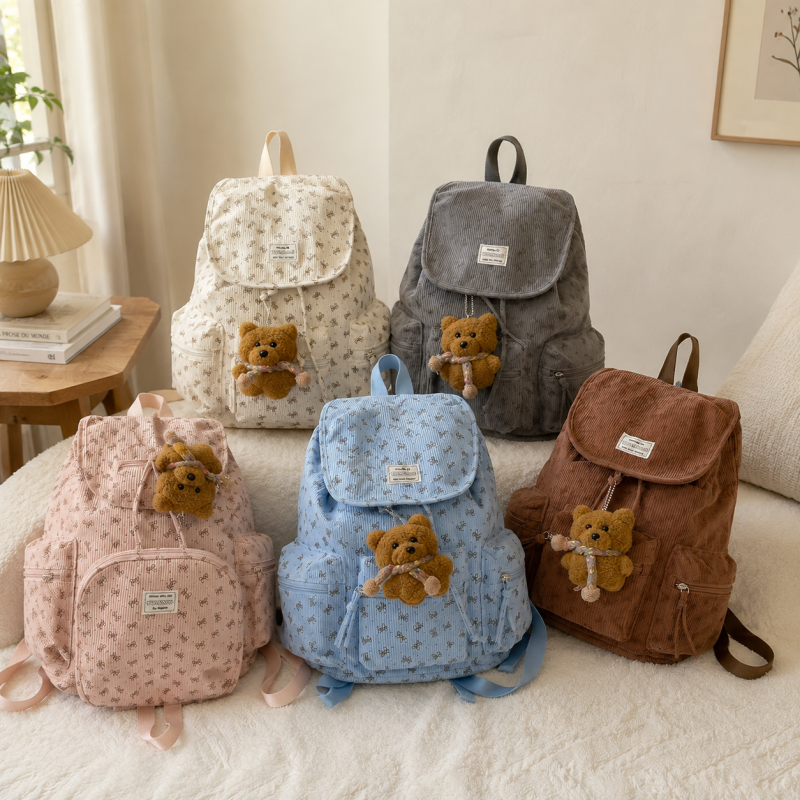 CouldNook Corduroy Drawstring Backpack - Front and Side Pockets