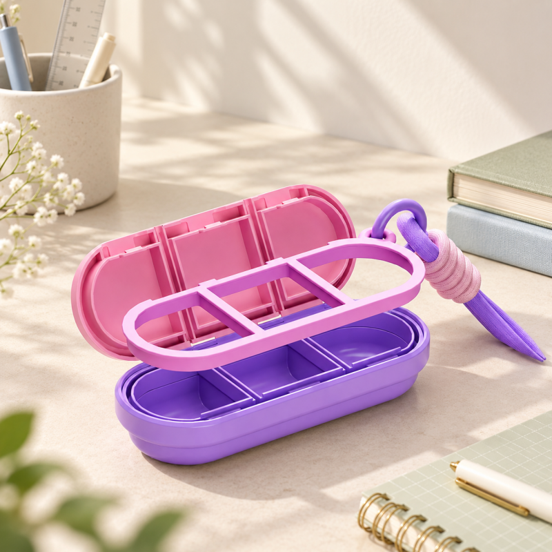 CouldNook Three-Compartment Pill Box - Contrasting Colors and Attached Carry Loop