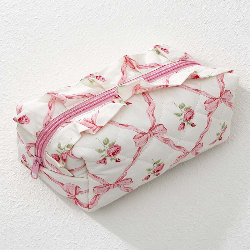 CouldNook Ruffled Cosmetic Pouch - Patterned Fabric And Top Zip Opening