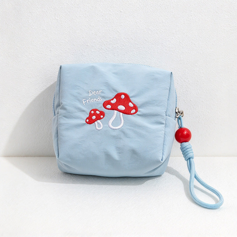 CouldNook Embroidered Mushroom Makeup Bag - Beaded Wrist Loop And Zipper