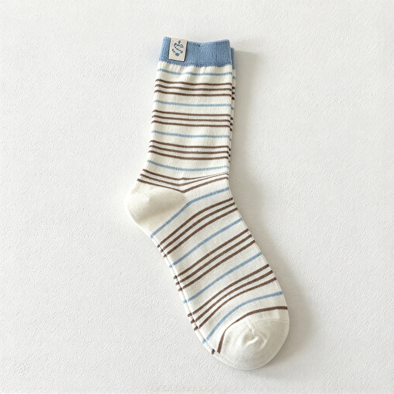 CouldNook Cat Label Striped Socks - Fine Bands And Contrasting Cuffs