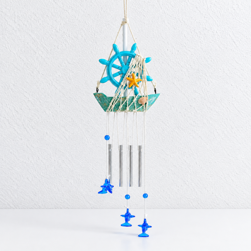 CouldNook Nautical Sailboat Wind Chime - Hanging Tubes And Blue Charms