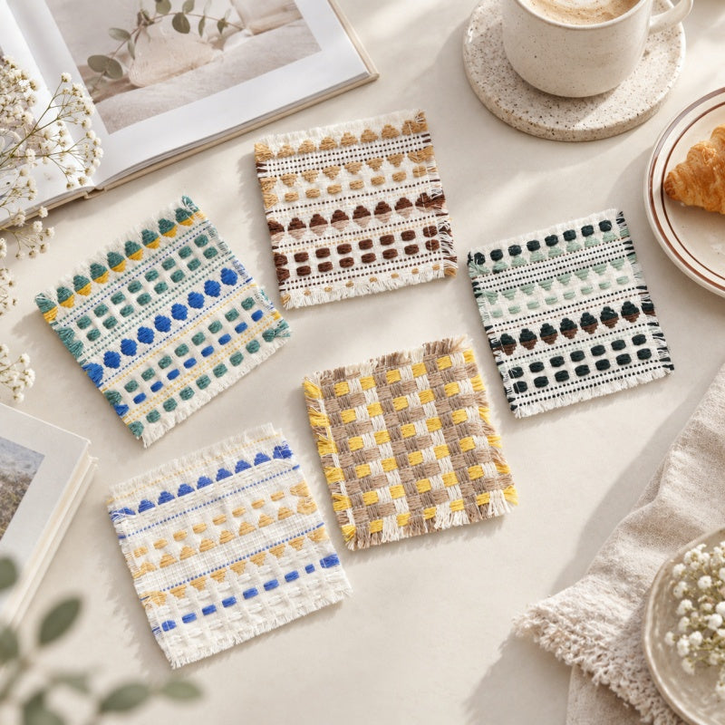 CouldNook Woven Fabric Coaster - Geometric Bands and Fringed Edges