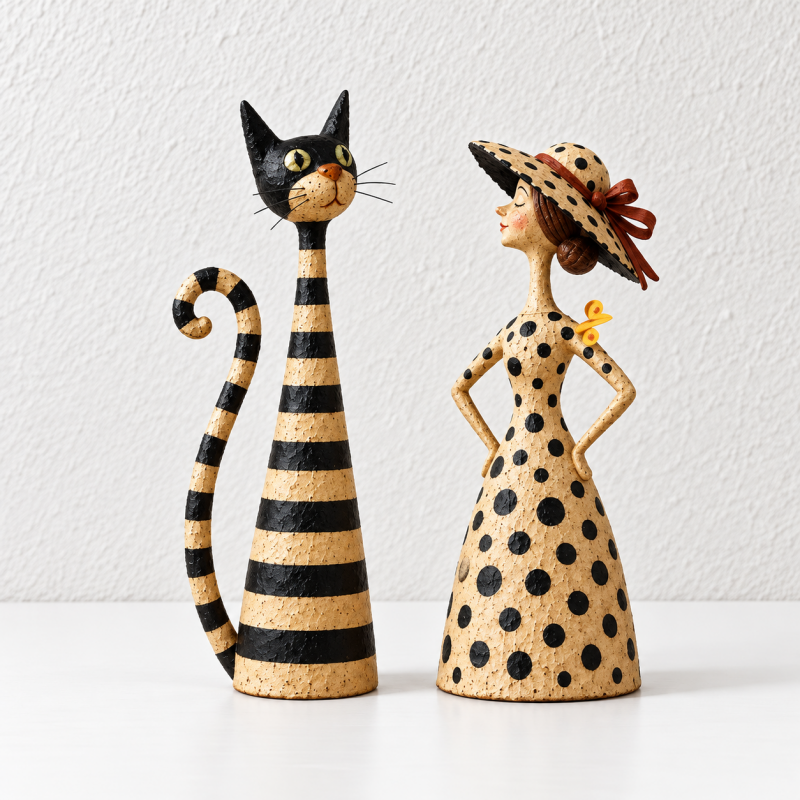 Cat or Lady Figurine - Stripes and Polka Dot Details