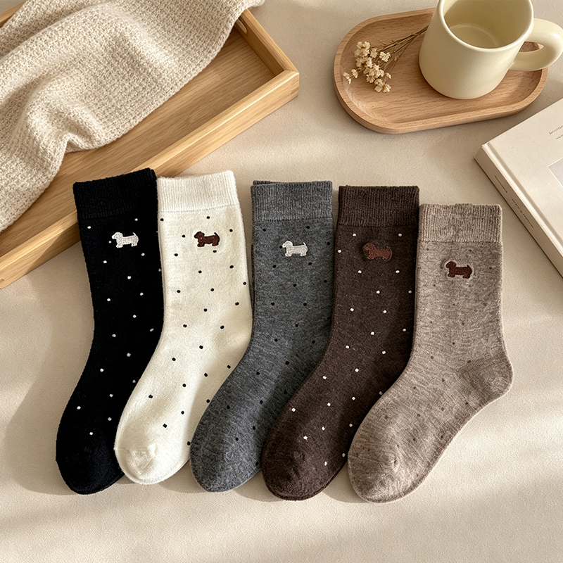 CouldNook Dachshund Crew Socks - Warm Embroidered Dotted Pattern