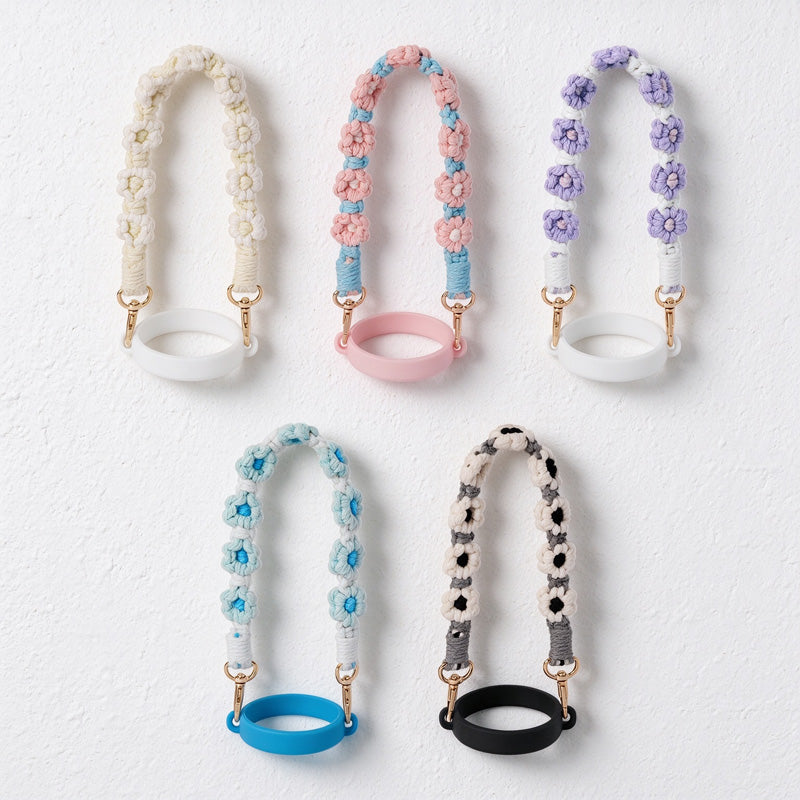 Water Bottle Carry Strap with Beads or Woven Flowers