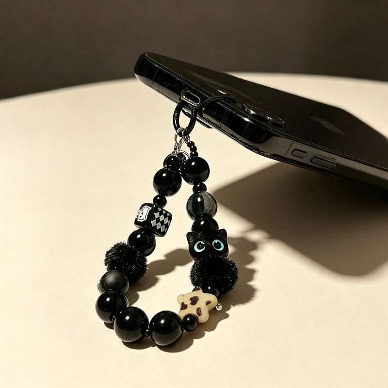 CloudNook Beaded Phone Wrist Strap-Black Plush Cat Charms