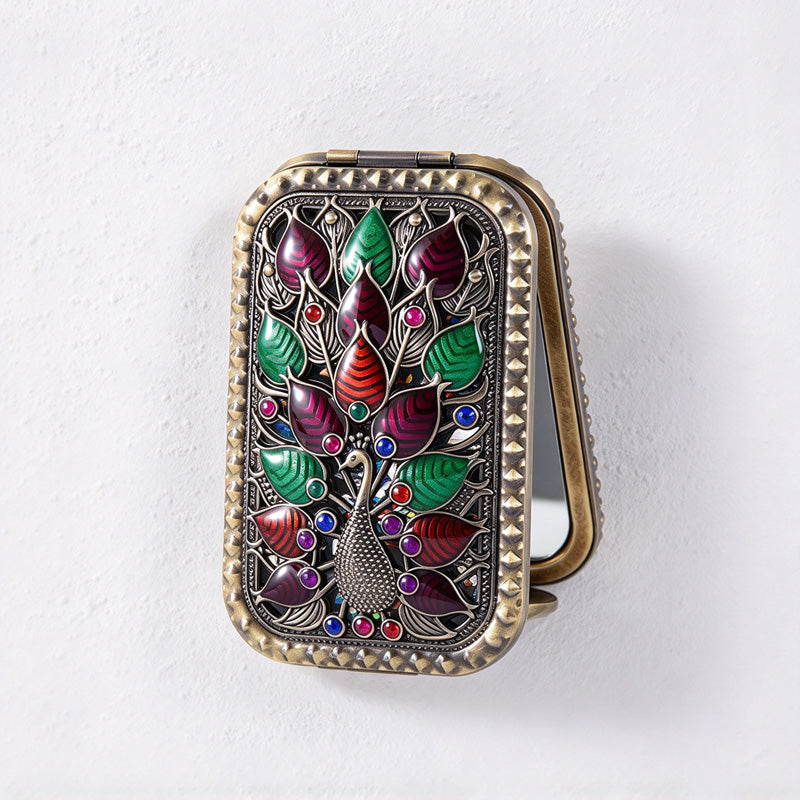 CouldNook Decorative Folding Pocket Mirror - Raised Peacock Motifs And Metal Frame