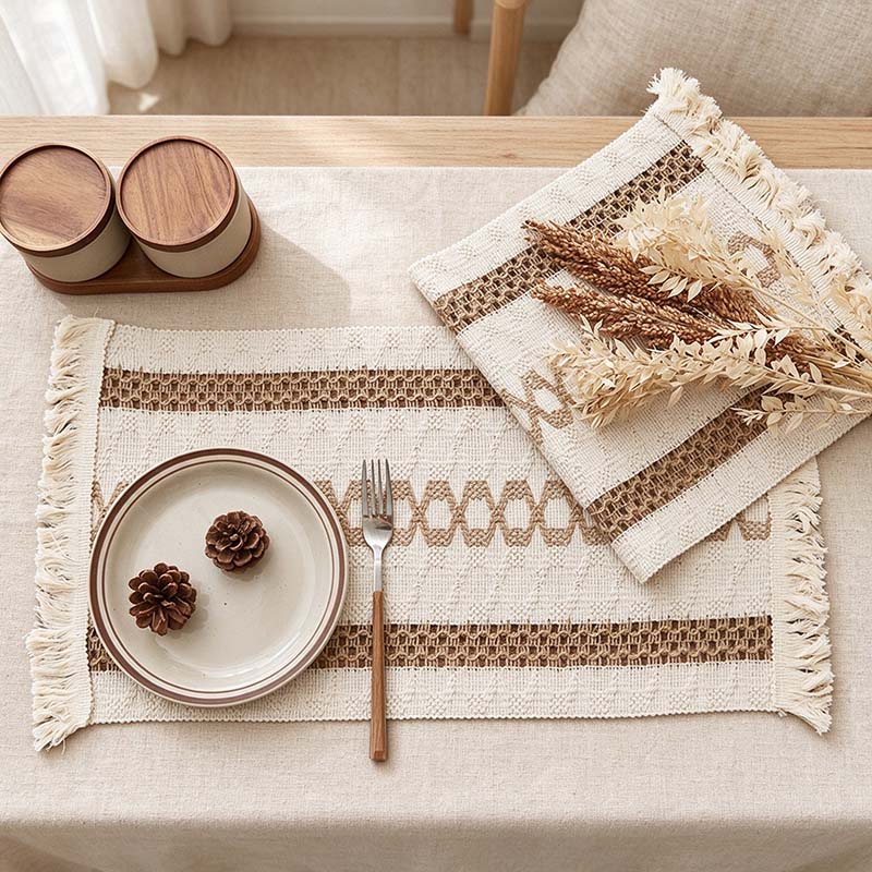 Fringed Woven Placemat with Stripes and Diamond Patterns