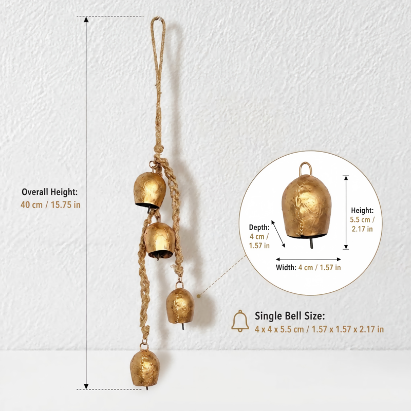 CouldNook Four Bell Rope Ornament - Brass Tone Hanging Strand