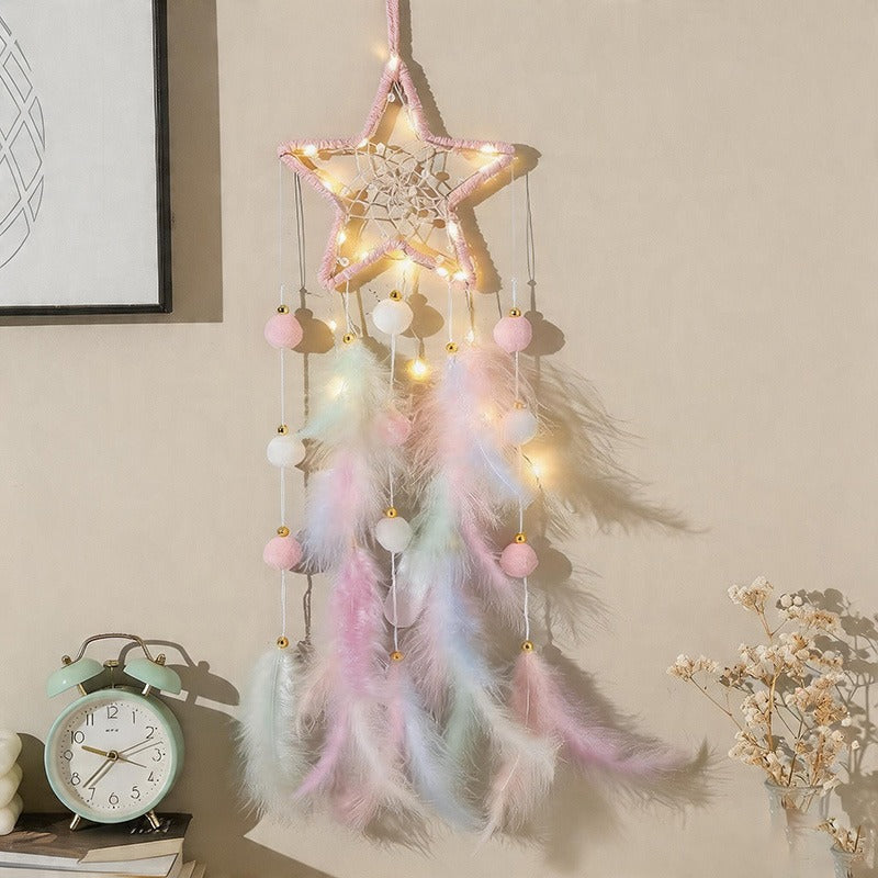 CouldNook Dreamcatcher-Handmade Star Moon Cat Shaped Feather Pom Pom Dream Catcher Wind Chime