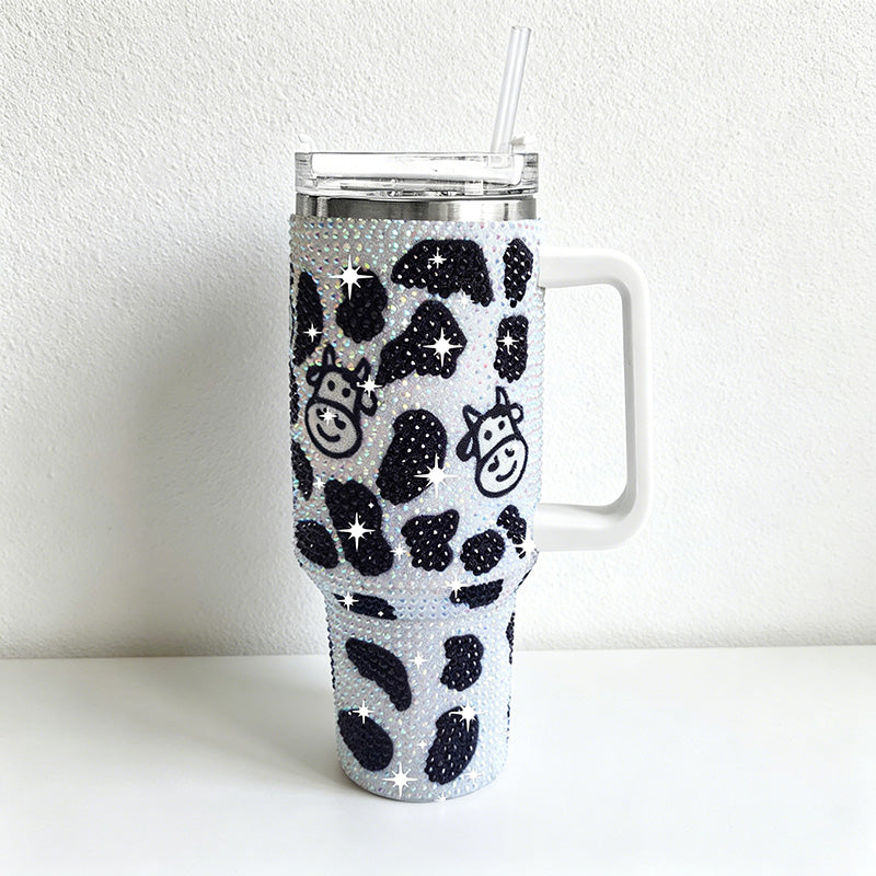 CouldNook 40oz Rhinestone Cow Print Tumbler-Stainless Steel Vacuum Insulated Ice Tumbler with Handle & Straw
