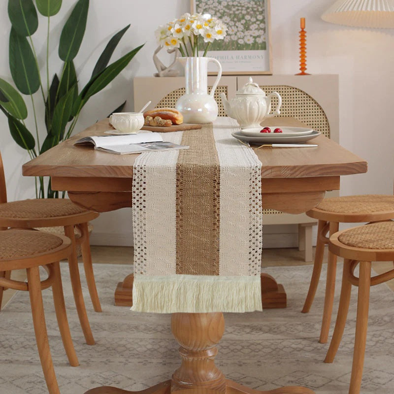 CouldNook Farmhouse Cotton Linen Table Runner - Rustic Boho Woven Macrame Mat