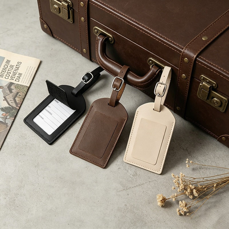 Premium Top-Grain Cowhide Leather Luggage Tags, Customizable Airplane Embossed Travel ID Tags