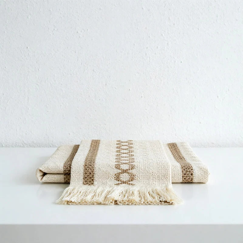 CouldNook Farmhouse Cotton Linen Table Runner - Rustic Boho Woven Macrame Mat