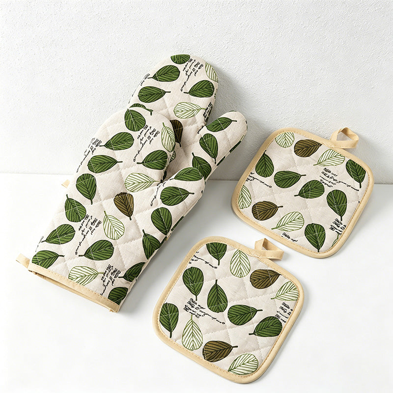 CouldNook Cotton Linen Oven Mitt Pair - Botanical Leaf Kitchen Decor