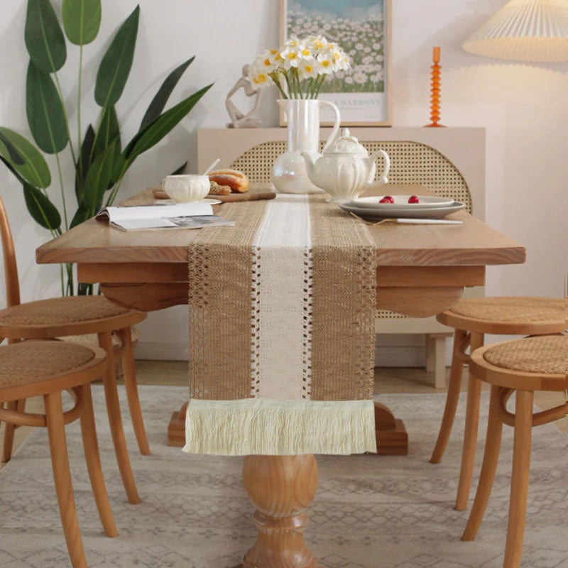 CouldNook Farmhouse Cotton Linen Table Runner - Rustic Boho Woven Macrame Mat
