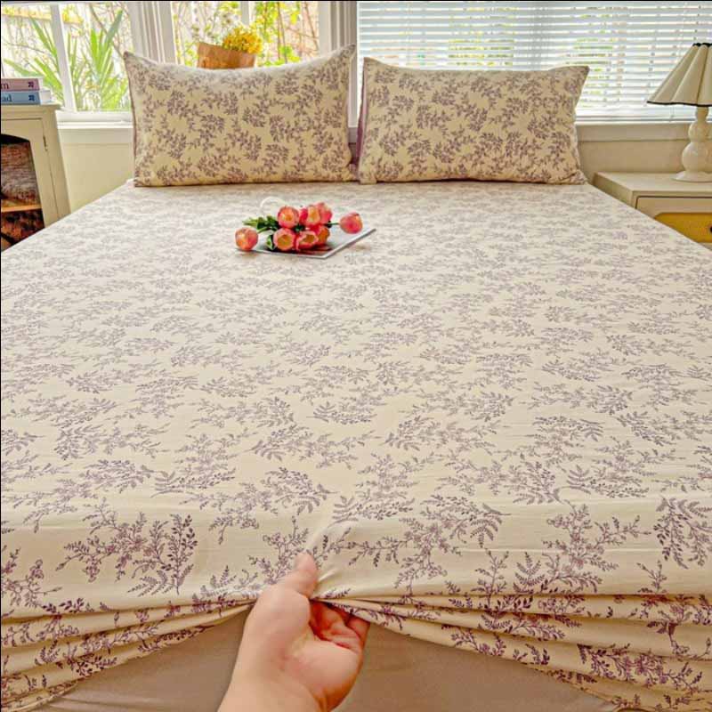 Ins Style Floral Fitted Sheet - Washed Cotton Deep Pocket Mattress Protector