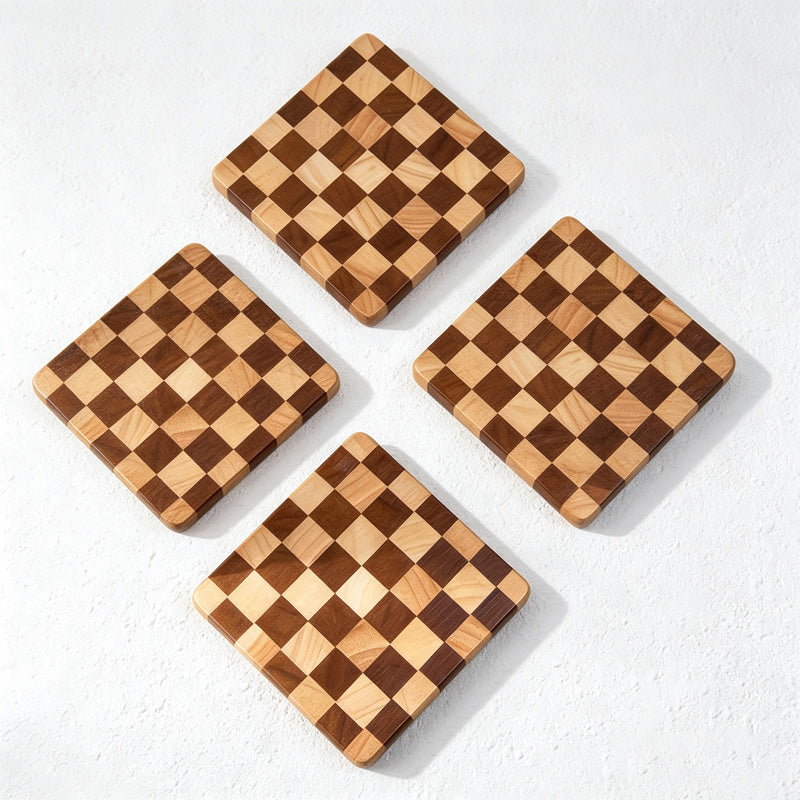 CouldNook Checkerboard Wood Coaster - Square Rubberwood Geometric Design