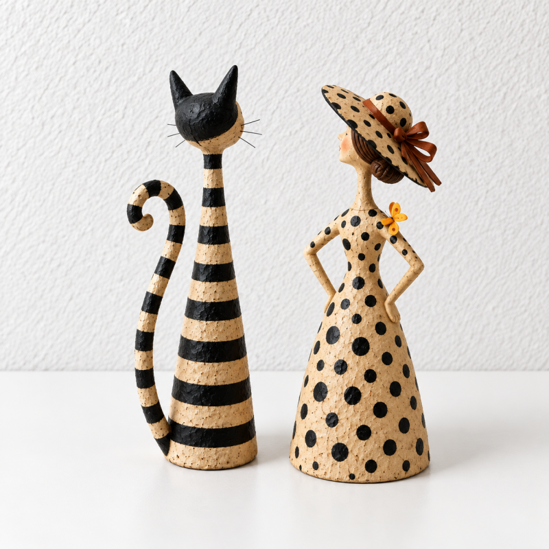 Cat or Lady Figurine - Stripes and Polka Dot Details