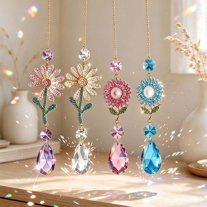 CouldNook Flower Teardrop Suncatcher - Jeweled Bloom And Linked Faceted Drop