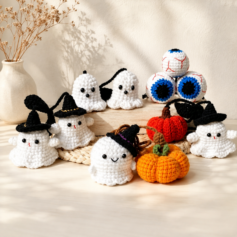 CouldNook Halloween Yarn Ornament - Ghosts Pumpkins and Eyeball Figures