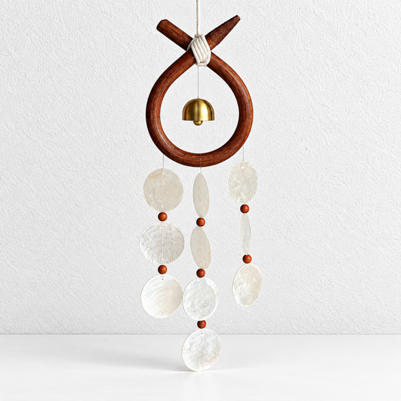CouldNook Rattan Bell Wind Chime - Looped Frame And Knotted Cord