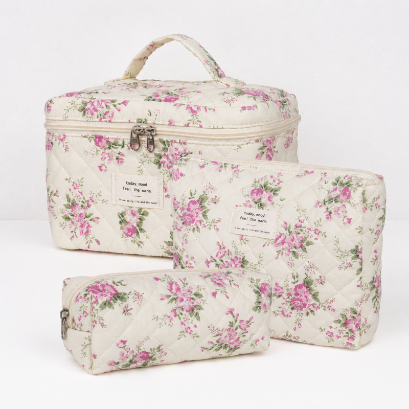 CouldNook Three Piece Quilted Cosmetic Bag Set - Floral Travel Organizers