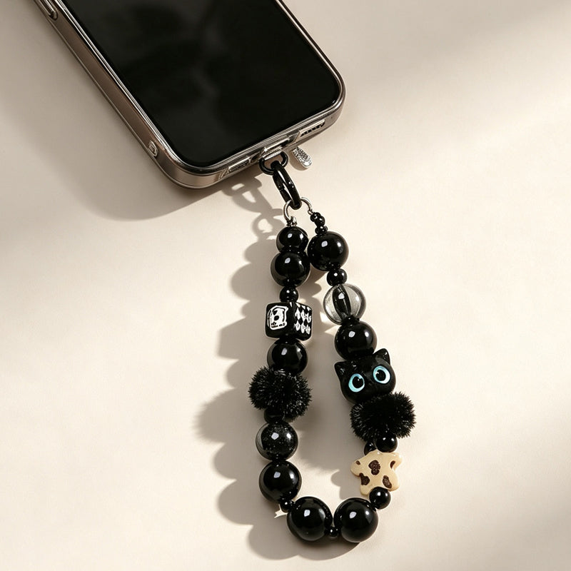 CloudNook Beaded Phone Wrist Strap-Black Plush Cat Charms