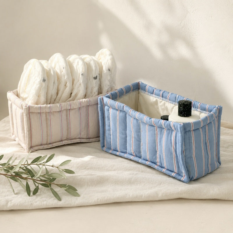 CouldNook Striped Quilted Fabric Storage Basket‑Home Organizer Bin for Tissue Books Toys Sundries