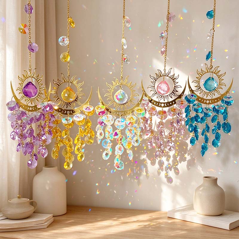 CouldNook Sun And Crescent Suncatcher - Radiating Frame And Suspended Beads