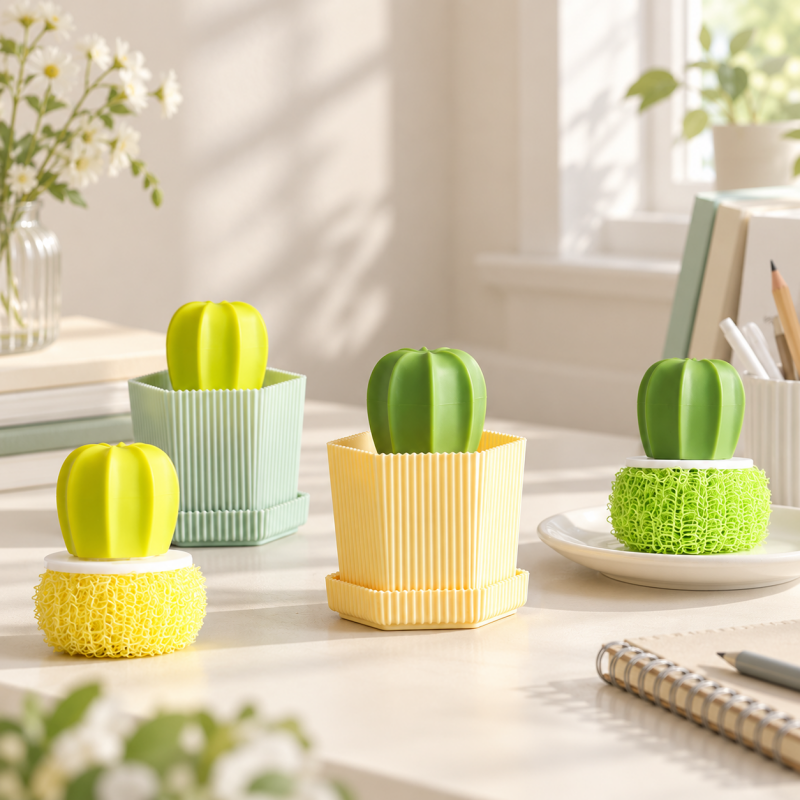 CouldNook Cactus Dish Brush - Textured Cleaning Ball And Planter Holder