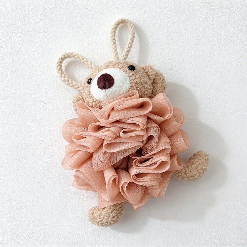 CouldNook Animal Bath Pouf - Bear and Rabbit Faces Around Ruffled Mesh