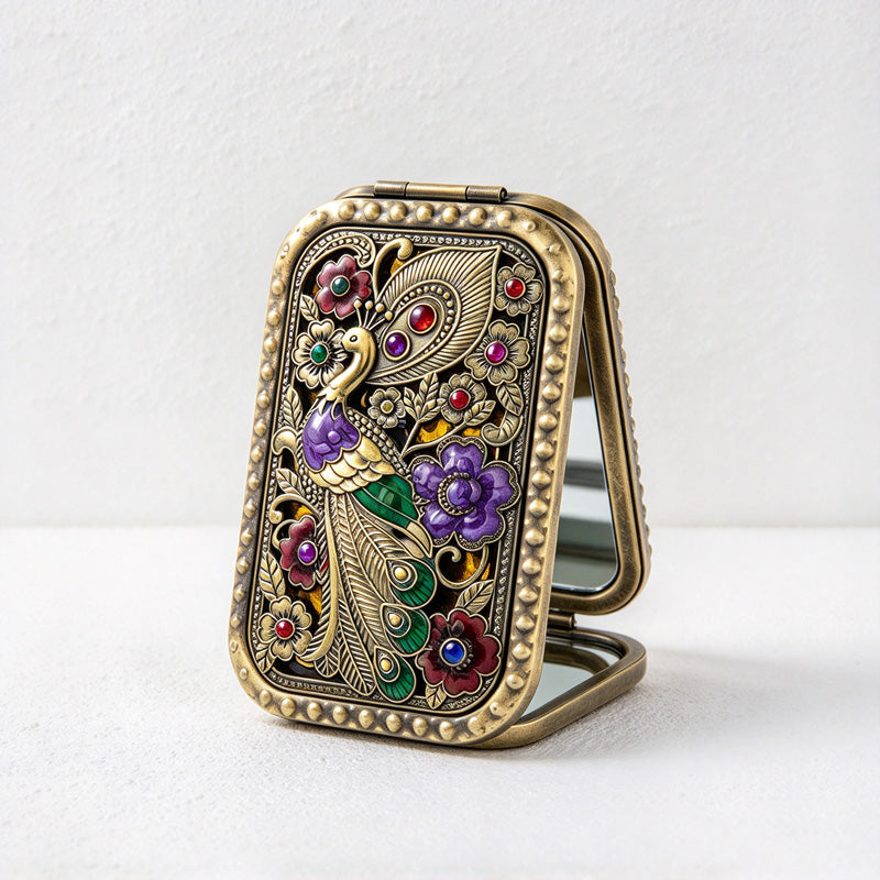 CouldNook Decorative Folding Pocket Mirror - Raised Peacock Motifs And Metal Frame