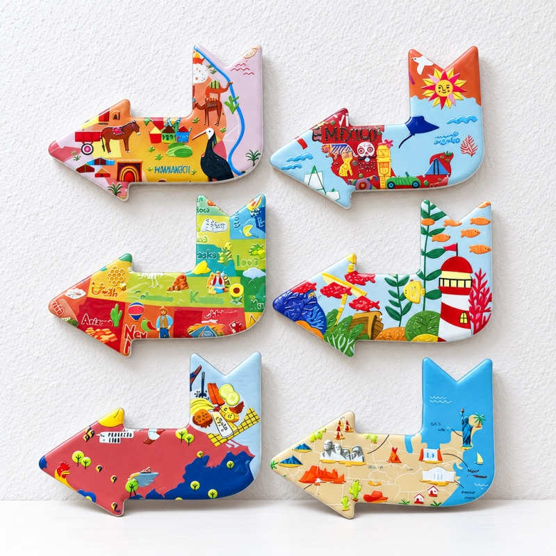 CouldNook Arrow Fridge Magnet - Raised Travel Motifs And Colorful Landmark Scenes