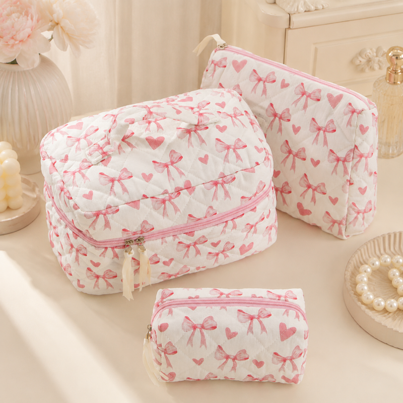 CouldNook Quilted Cosmetic Bag - Bow Print and Top Handles