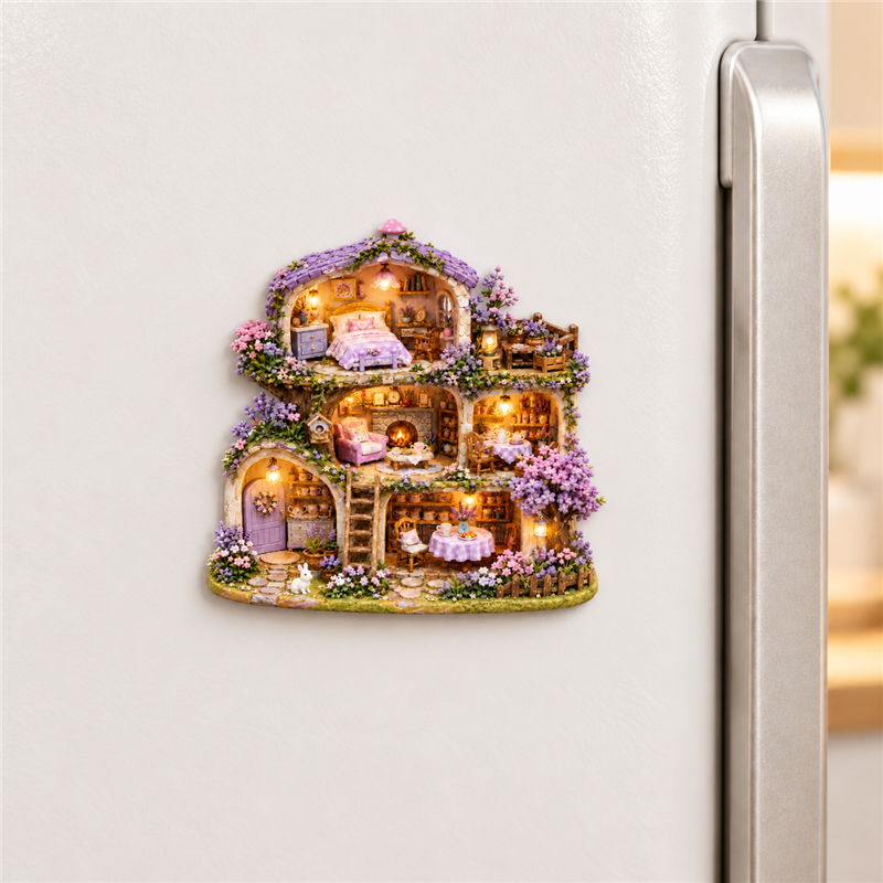 Lavender Cottage Fridge Magnet - Layered Rooms and Flowers