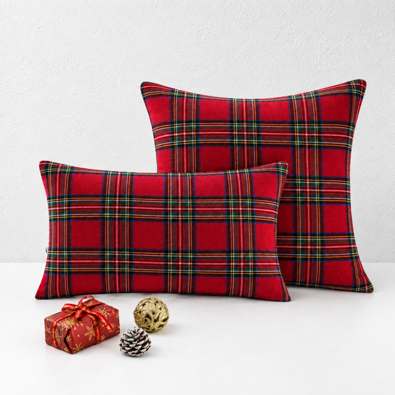 CouldNook Seasonal Pattern Cushion - Plaid Checks And Raised Festive Motifs